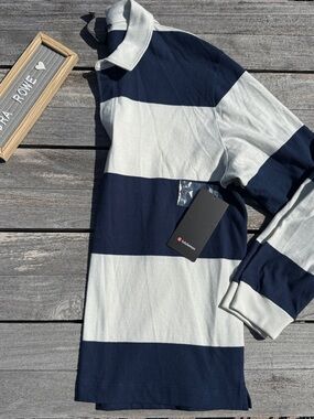 Lululemon Long Sleeve Cotton Rugby Shirt Club Blue Ivory Stripe Size Large NWT